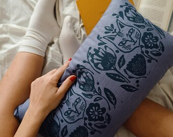 Folk Art Cat Linen Pillow | 30x50cm Hand Block Printed Floral Lumbar Cushion | Teal & Grey Boho Decor | Chic Cat Lover Gift | Eclectic Home