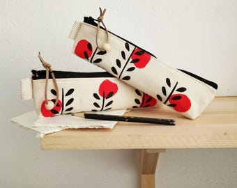 Slim Canvas Pencil Case, Original Floral Print, Hand Block Printed Pen Case, Cotton Stationery Case, Handmade in Greece