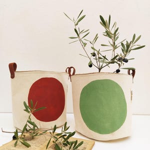 May include: Two canvas plant pots with leather handles, one with a red circle and the other with a green circle. Olive branches with olives are placed in the pots and on an open book. The pots are on a white surface.