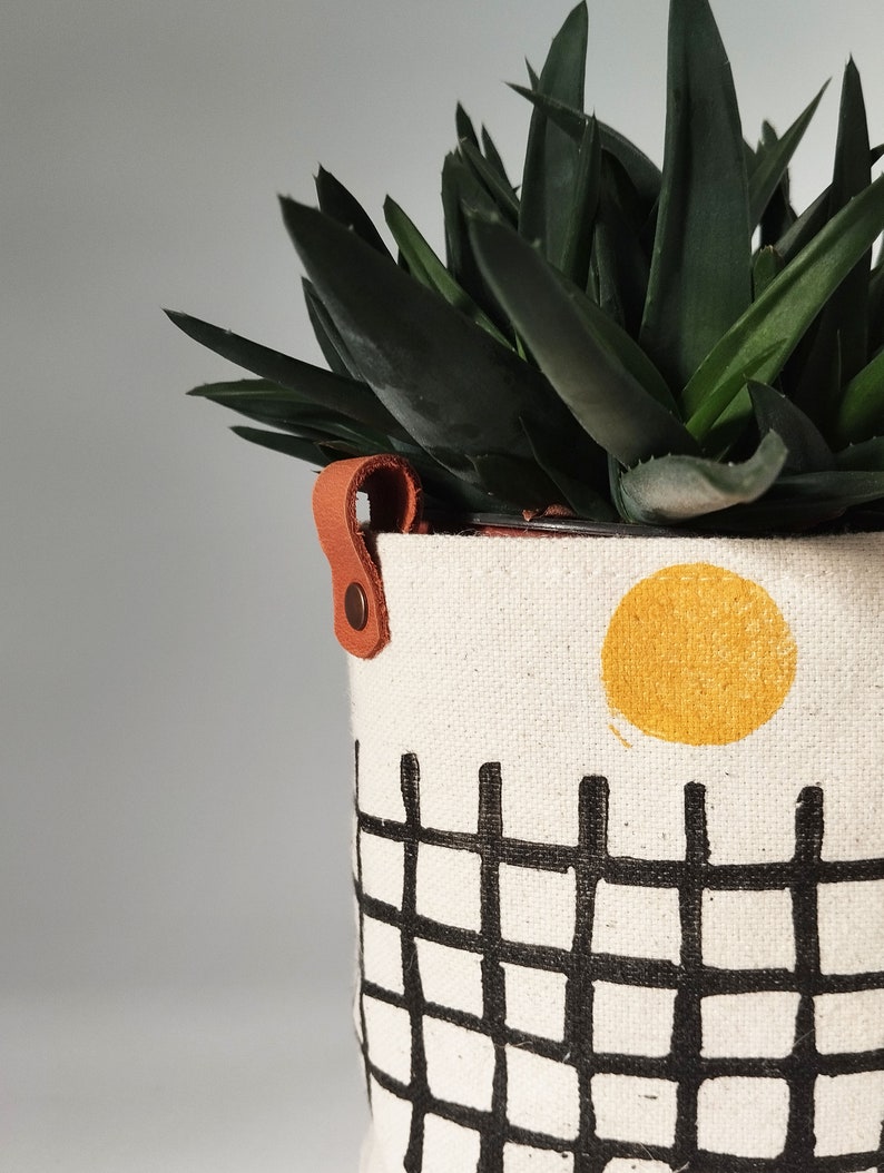 Minimal Fabric Indoor Planter, Modern Gardener Home Decor, Small Block Printed Canvas Basket, Canvas Plant Cover image 7