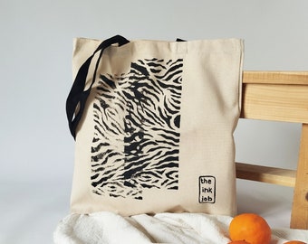 Hand Printed Animal Print Tote Bag, Aesthetic Canvas Bag, Zebra Print Shopping Bag, Bold Everyday Cotton Bag