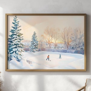 Outdoor Hockey Rink druckbare Wandkunst, Eislaufen Poster, Winterlandschaft Szene Malerei, Sport Raum Wanddekor, digitaler Download