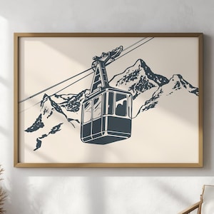 Ski Mountain Gondola Poster, Skiing Printable Wall Art, Winter Sports print, Vintage Travel  poster, Ski Cabin Chalet wall decor