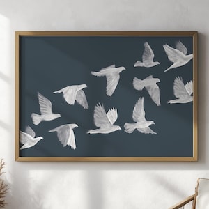 Arte de pared imprimible con bandada de pájaros, decoración de pared azul con paisaje moderno, pájaros voladores, impresión artística de la naturaleza, póster de decoración minimalista, arte de silueta de pájaro