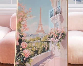 Paris im Frühling druckbare Wandkunst, Eiffelturm, Parisienne ästhetic Wanddekor, rosa Pastell Poster, digitaler Download