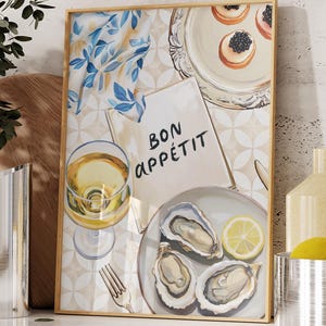 Arte mural imprimible de ostras y vino, impresión de cocina, póster con frase "Buen provecho", arte de bodegones con comida, decoración de pared de cocina francesa