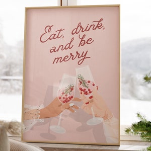 Arte de pared imprimible con carrito de bar navideño, para comer, beber y ser feliz, letrero de bar para fiesta de cócteles navideña, impresión de happy hour, letrero de bebida