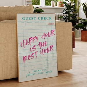 Happy Hour is the Best Hour,Guest Check Cocktail Bar Cart druckbare Wandkunst, Retro Party Bar Schild, trendiges rosa Getränkschild