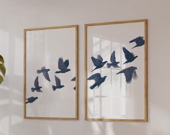 Bird Flock Set of Two, Modern Printable Wall Art, Navy Blue wall decor, Flying Birds, Nature Art Print, Minimal decor poster