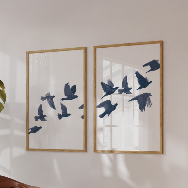 Vogel Flock Set von zwei, moderne druckbare Wandkunst, Marineblau Wanddekor, fliegende Vögel, Natur Art Print, minimales Dekor Poster