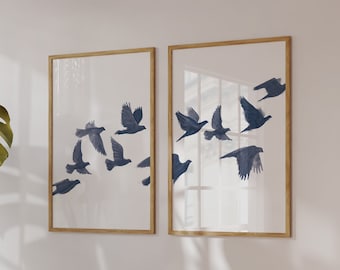 Bird Flock Set of Two, Modern Printable Wall Art, Navy Blue wall decor, Flying Birds, Nature Art Print, Minimal decor poster