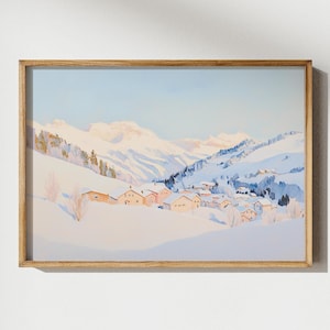 Ski Mountain Village Printable Wall Art, Winter Chalet, Snowy Winter Scene Painting, Alpine Poster, Ski Cabin wall decor, Digital Download