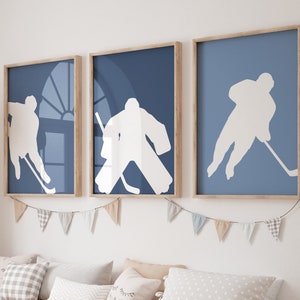 Hockey Wall Art, Blue Minimalist Wall Decor, Set of 3 Nursery prints, Kids Printable Wall Art, Boys room art, Sports Art Prints