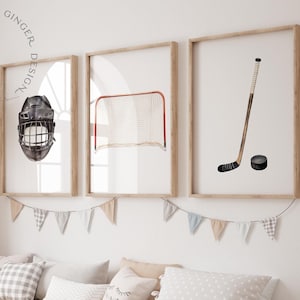 Arte mural de hockey sobre hielo, decoración minimalista de pared negra, juego de 3 láminas para guardería, arte mural imprimible para niños, arte para habitación de niños, láminas artísticas deportivas