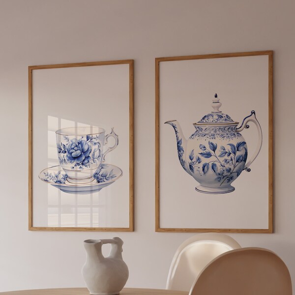 Blue Tea Cup and Teapot Print Set of 2, Kitchen Printable Wall Art, Chinoiserie Dining Room Poster, Kitchen Wall Decor Digital Download