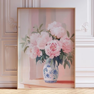 Arte de pared imprimible Grand Millennial Chinoiserie, impresión de ramo de peonías rosas, póster botánico floral rosa, decoración de pared con flores en un jarrón