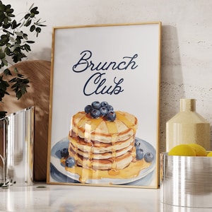 ブランチ クラブ パンケーキ プリント、キッチン プリント可能な壁アート、トレンディなブルーの壁装飾、デジタル ダウンロード、クールな朝食壁アート