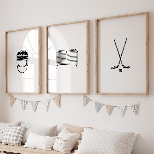 Hockey Wandkunst, schwarze minimalistische Wanddekoration, 3er-Set Kinderzimmer Drucke, Kinder druckbare Wandkunst, Jungen Raumkunst, Sport Kunstdrucke