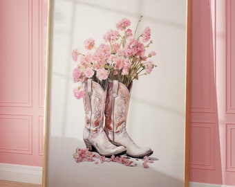 Cowgirl boots print, Neutral Western Printable Wall Art, nursery, Spring Flower print, Southern country aesthetic poster, digital download