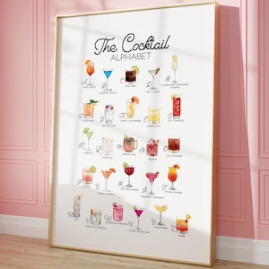 Cocktails Print, Bar Cart Wall Art, Watercolour Cocktail Alphabet, Party Decor Printable, Digital Download