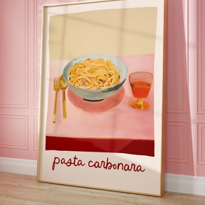 Impresión de arte de cocina, decoración de pared para amantes de la pasta italiana, arte de pared imprimible de pasta carbonara, póster de moda de comida, arte ecléctico, descarga digital