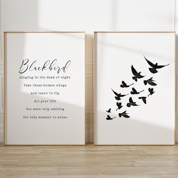 Blackbird Song Lyrics Printable wall art, Print Set of 2, Birds Watercolor Art Digital Download, Beatles Poster Typography
