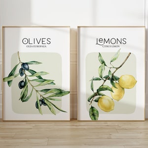 Arte de pared con impresiones de comida mediterránea, juego de 2 impresiones de arte de pared para cocina, acuarela, limón, aceitunas, decoración toscana