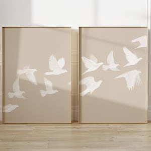 Bird Flock Set of Two, Modern Printable Wall Art, Beige decor, Flying Birds, Nature Art Print, Minimal decor poster