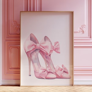 Arte de pared imprimible con zapatos de tacón alto de color rosa, decoración de pared para habitación coqueta, póster de moda de lujo minimalista, impresión glamurosa, descarga digital de tacones de aguja