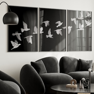Juego de 3 pájaros en bandada, arte de pared imprimible moderno, decoración en blanco y negro, pájaros voladores, impresión artística de la naturaleza, póster de decoración minimalista, gran escala