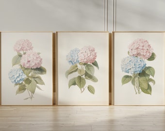 Hydrangeas Watercolor Print, Botanical Printable Wall Art, Blue and Pink Flowers, Floral Home Decor, Vintage artwork, Instant Download