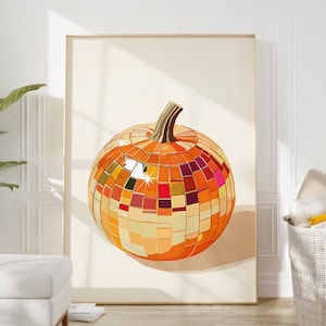 Disco Pumpkin Art Print, Preppy Fall Printable Wall Art, Fall Home Decor, Trendy Thanksgiving Decor, Glam Disco Ball Poster