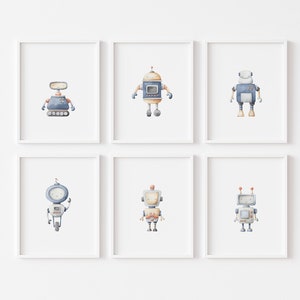 Robots Baby Boy room Decor, Set of 6 Blue and Gray Nursery prints, Printable Wall Art, Watercolour Robots Playroom Decor, Digital Download