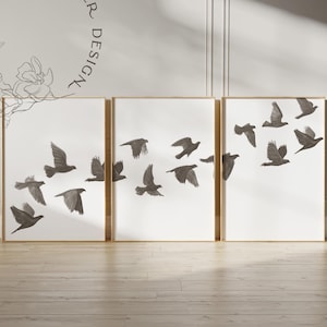Conjunto de 3 aves en color topo, arte mural imprimible moderno, decoración de pared, pájaros en vuelo, impresión artística de naturaleza, póster de decoración minimalista