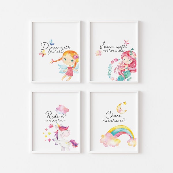 Dance With Fairies, Ride A Unicorn, Swim With Mermaids, Chase Rainbows, Nursery Set of 4 Printables, Girls Nursery, Girl Room Decor Wall Art
