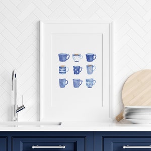 Blue Tea Coffee Cups Print, Kitchen Printable Wall Art, Modern Coffee Mug Wall Art