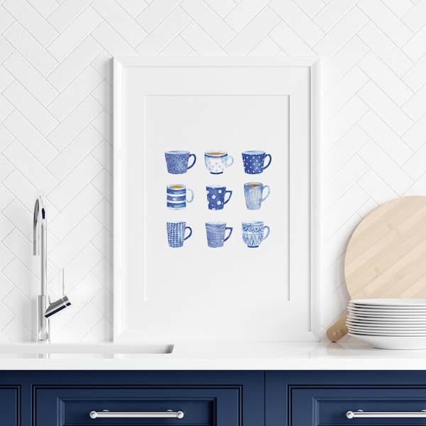 Blue Tea Coffee Cups Print, Kitchen Printable Wall Art, Modern Coffee Mug Wall Art