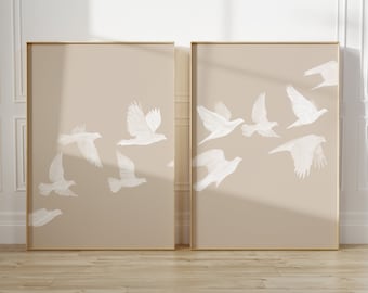 Bird Flock Set of Two, Modern Printable Wall Art, Beige decor, Flying Birds, Nature Art Print, Minimal decor poster, neutral home wall decor