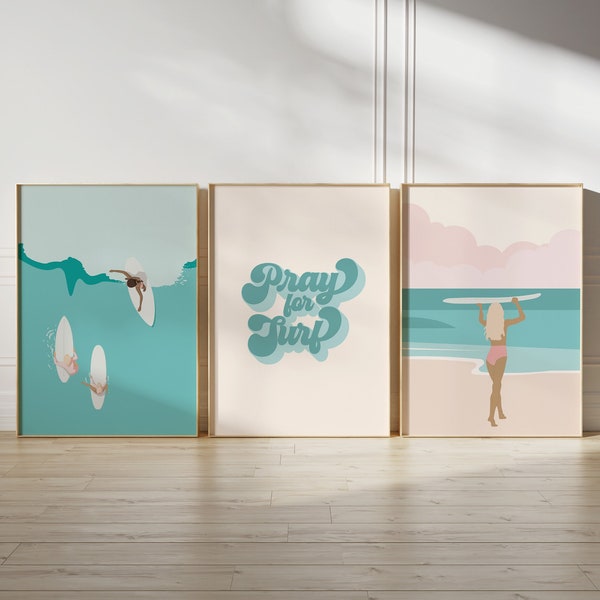 Coastal Girly beach printable wall art, Set of 3, Surfer Girl Print, Teal Tropical Aesthetic, Summer Poster, beach print, Pray for Surf