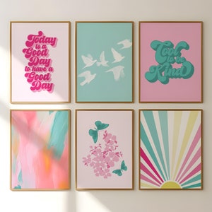 Pink and Orange Gallery Wall Set, Eclectic Print Set of 6 Teen Girl Room Decor, Preppy Colorful Pink Wall Art, Trendy Collage Dorm Posters