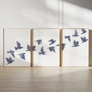 Conjunto de 3 pájaros, arte mural imprimible moderno, decoración azul marino, pájaros en vuelo, impresión artística de naturaleza, póster de decoración minimalista