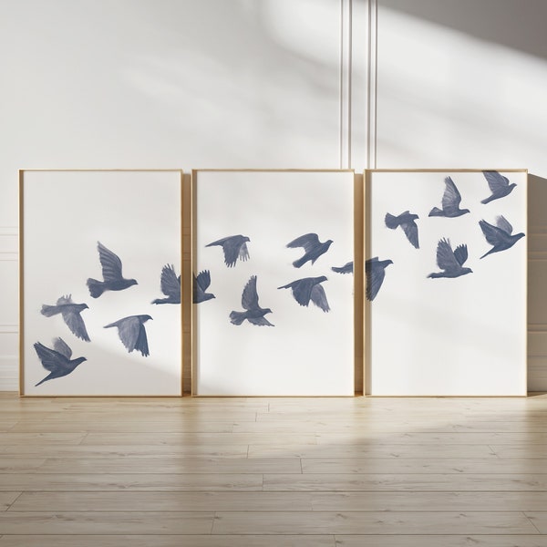 Bird Flock Set of 3, Modern Printable Wall Art, Navy Blue decor, Flying Birds, Nature Art Print, Minimal decor poster