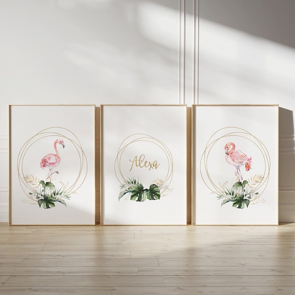 Décoration murale personnalisée pour chambre d'enfant, art mural imprimable Flamingo, signe imprimable rose et or Flamingo pour chambre de fille, ensemble tropical de 3 tirages