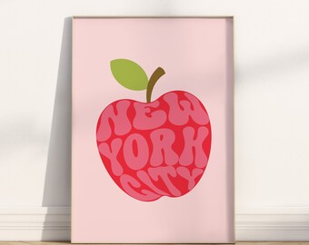 New York Big Apple rosa und rot trendiges Plakat, druckbare Wandkunst, Wohnheim Dekor, digitaler Download, Reiseplakat, New York City Druck