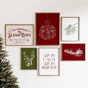 Vintage Christmas Art,  Set of 6 Prints, Retro Gallery Wall Art, Christmas Printable Wall Art, Vintage Poster Art, Red Green Holiday Decor