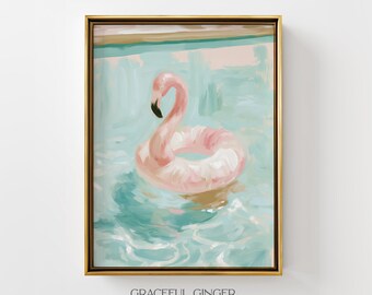 Pink Flamingo Pool Float Wall Art: Pink Blue Coastal Decor | Summer Swimming Poolside Print (Digital Download)