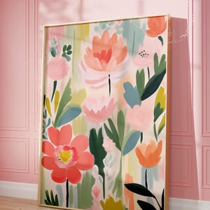 Helle abstrakte Blumen botanische Druck, Frühling Blumen druckbare Wandkunst, moderne rosa und grüne Drucke, bunte Blumen Poster