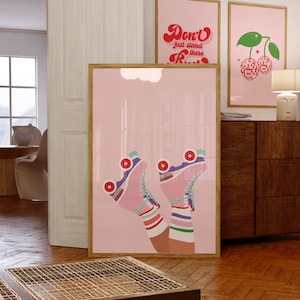 Affiche rétro tendance rose, art mural imprimable, impression de patins à roulettes roses, décoration de chambre girly, téléchargement numérique, décoration de dortoir BCBG