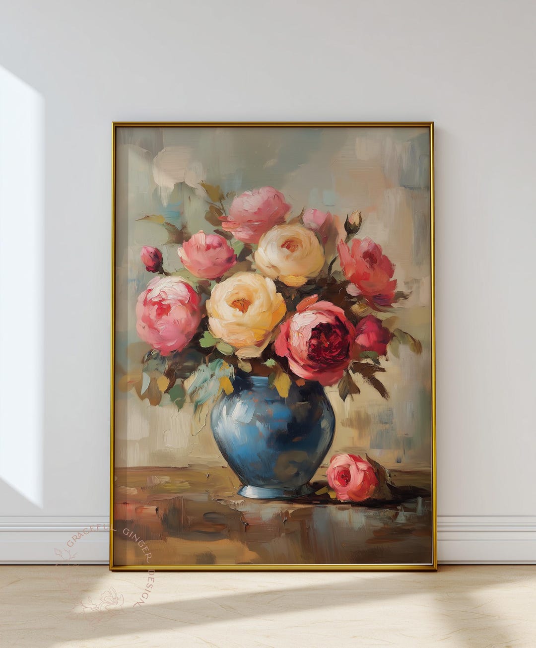 Floral Wall Art | Vintage Still Life Rose Bouquet in Blue Vase (digital ...