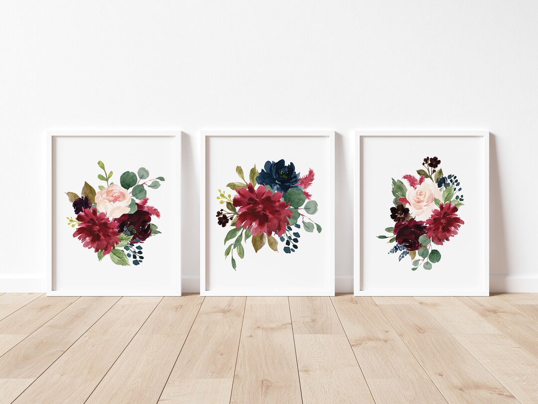 Navy Watercolor Flowers Printable Wall Art Print Set of 3 - Etsy
